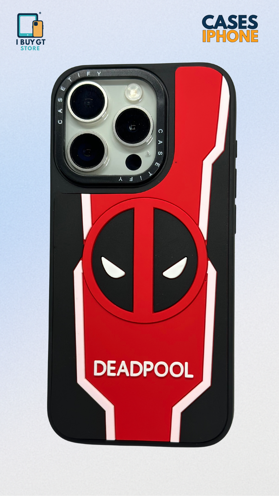 Estuche con relieve 3D inspirado en el irreverente Deadpool.