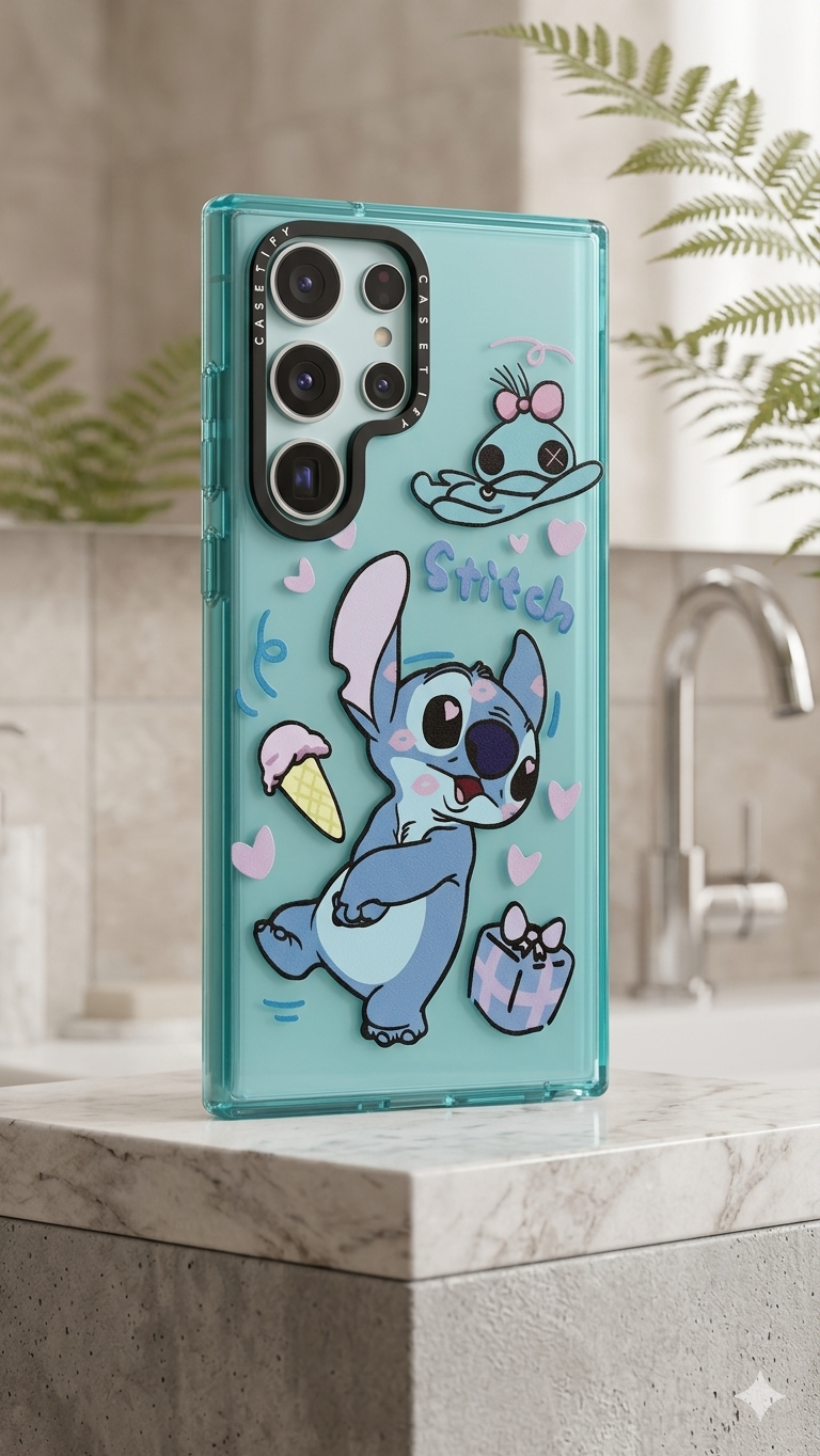 Estuche Silicón Transparente — Stitch Glitter | Azul Turquesa Edition Samsung Ultra