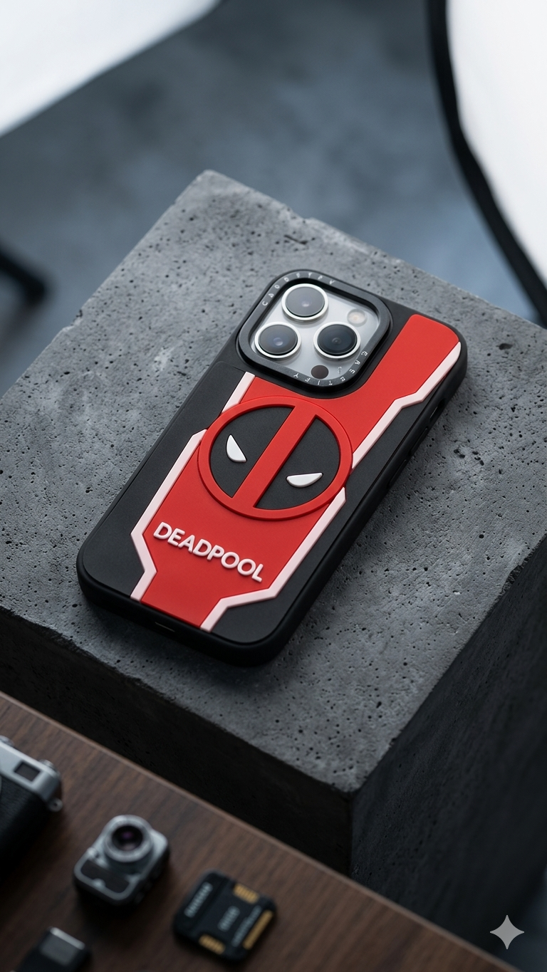 Estuche con relieve 3D inspirado en el irreverente Deadpool.